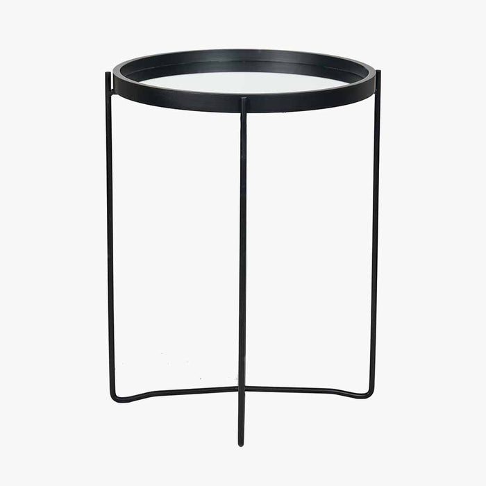 Voss Side Table, Mirrored Glass, Black Metal Legs, Round Top