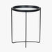 Voss Side Table, Mirrored Glass, Black Metal Legs, Round Top