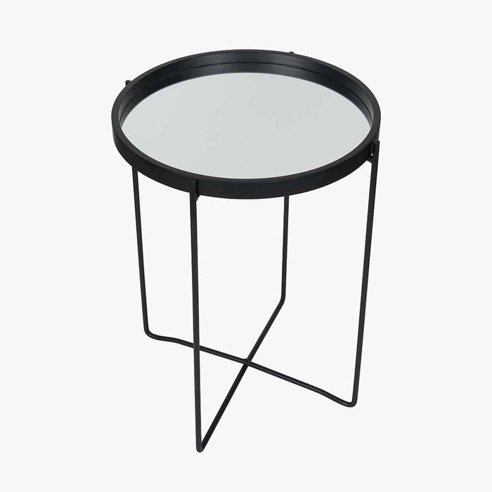 Voss Side Table, Mirrored Glass, Black Metal Legs, Round Top