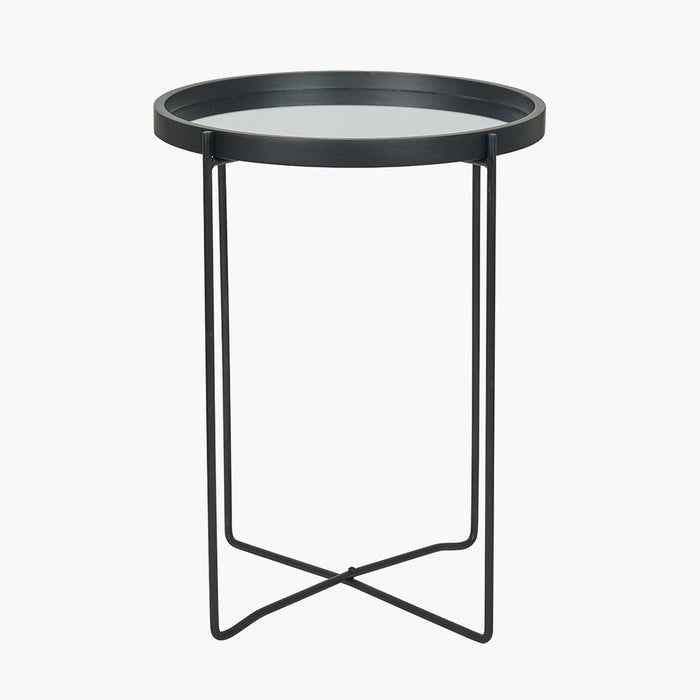 Voss Side Table, Mirrored Glass, Black Metal Legs, Round Top