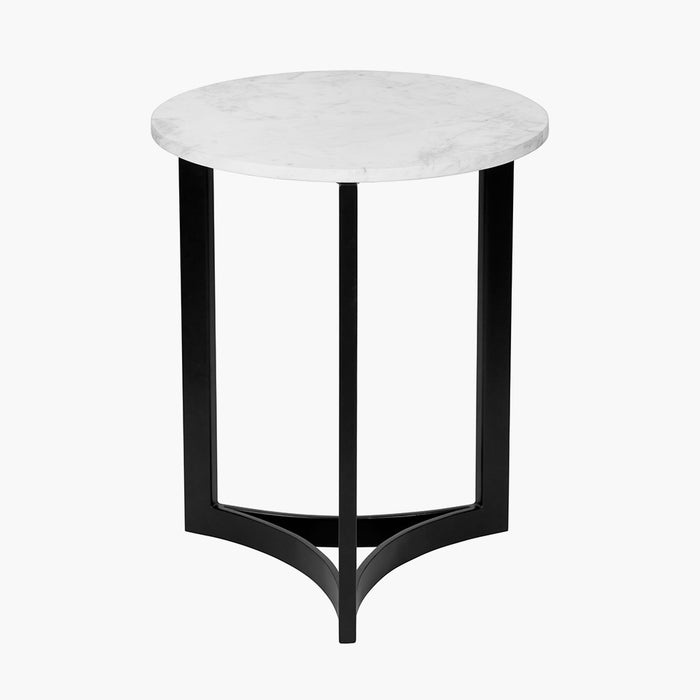 Hendrick Side Table, Curved Black Metal Legs, White Marble Top