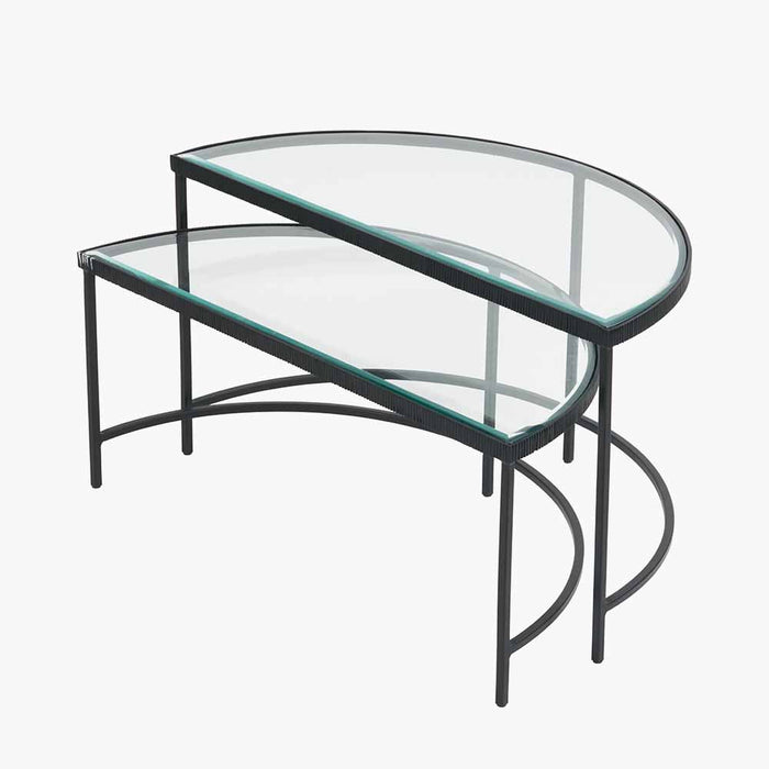 Marazzi Coffee Tables, Half Moon, Black Metal Frame, Bevelled Glass Top, Set Of 2