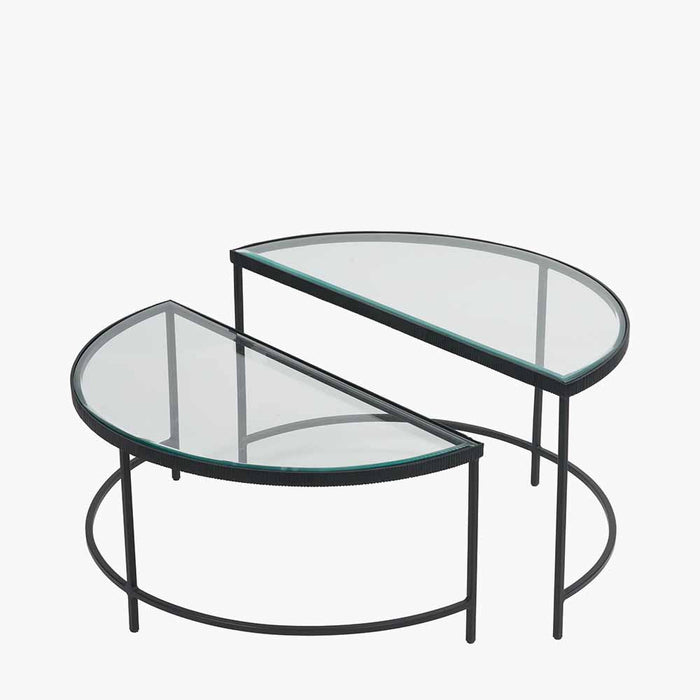 Marazzi Coffee Tables, Half Moon, Black Metal Frame, Bevelled Glass Top, Set Of 2