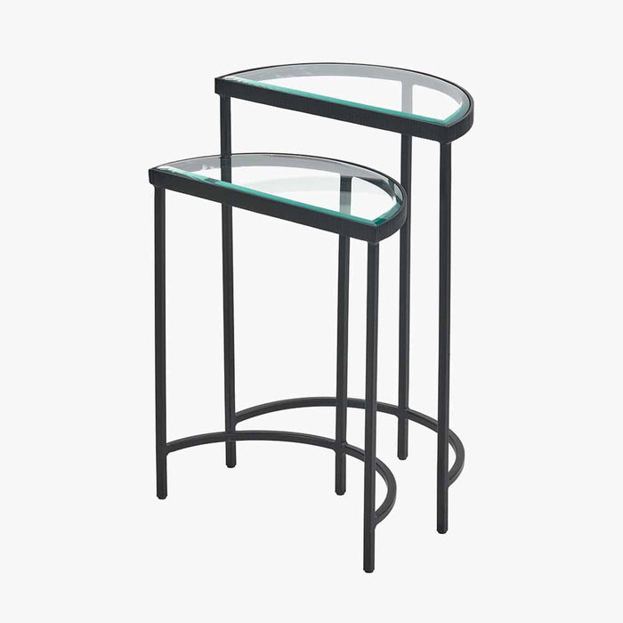 Marazzi Side Tables, Half Moon, Bevelled Glass Top, Black Metal Frame, Set Of 2