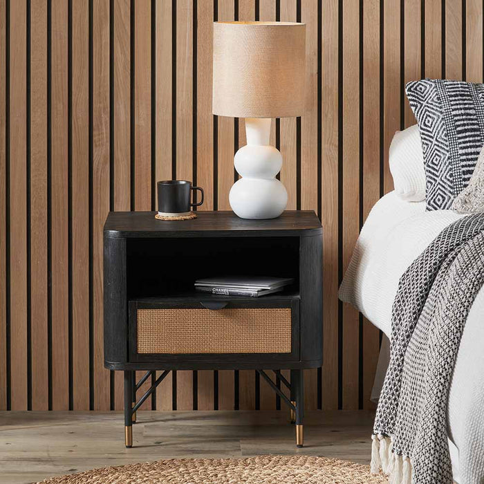 Nepal  Bedside Unit, Black Acacia Wood, Natural Rattan