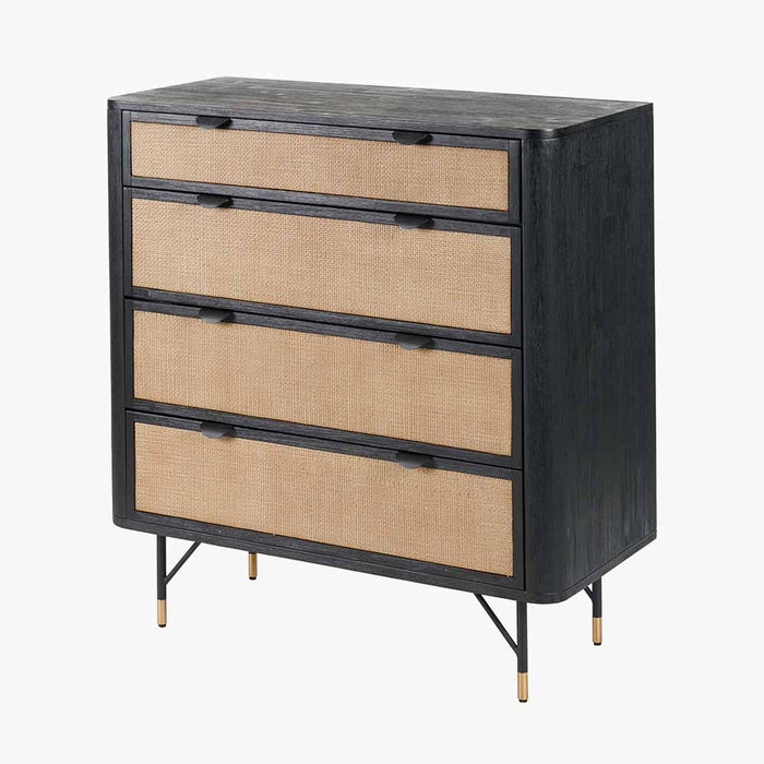 Nepal 4 Drawer Unit, Black Acacia Wood, Natural Rattan