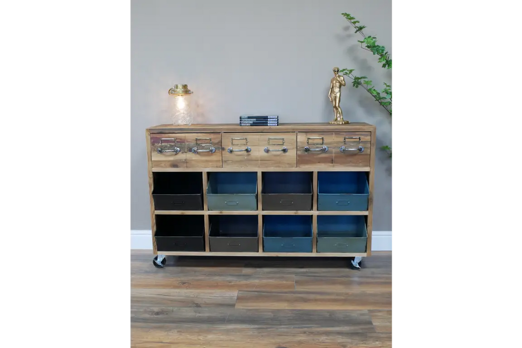 Rustic Sideboard, 3 Wooden Drawers, 8 Metal Storage