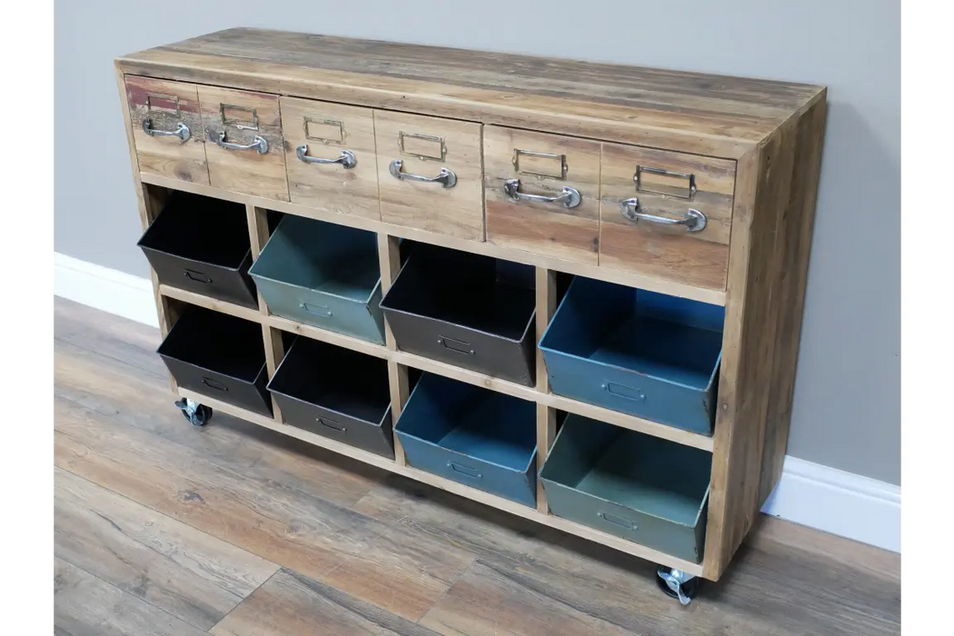 Rustic Sideboard, 3 Wooden Drawers, 8 Metal Storage