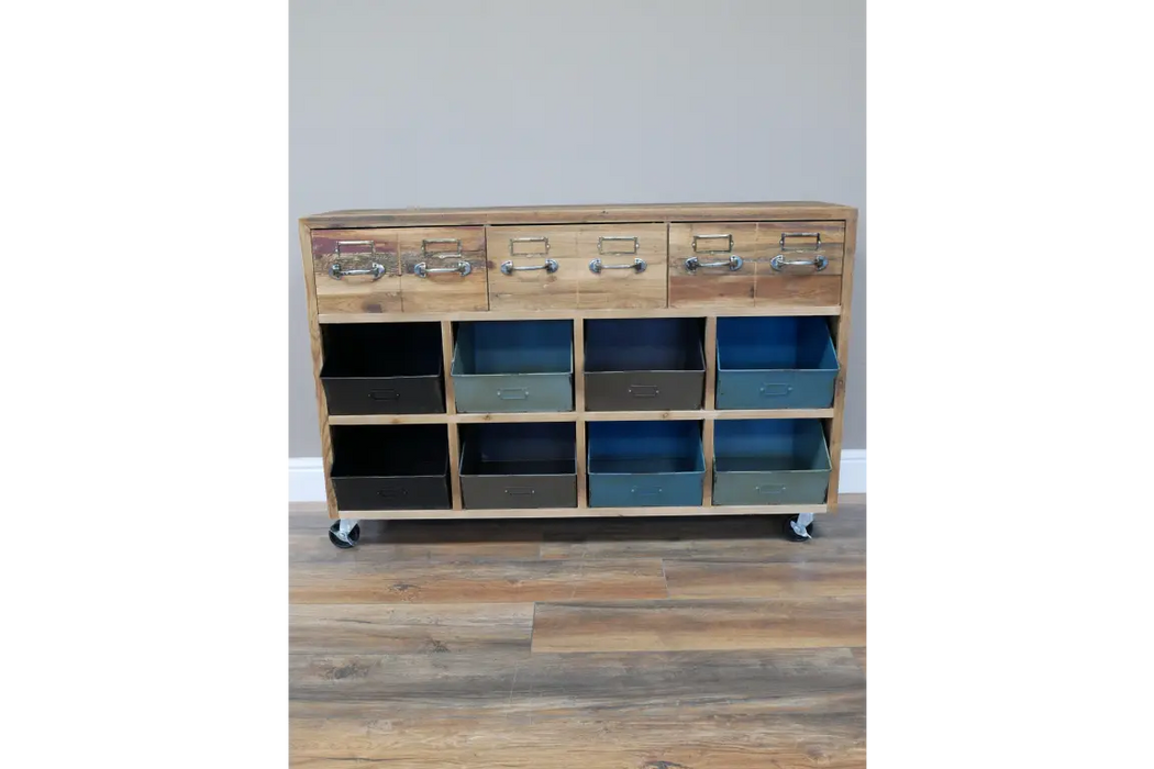 Rustic Sideboard, 3 Wooden Drawers, 8 Metal Storage