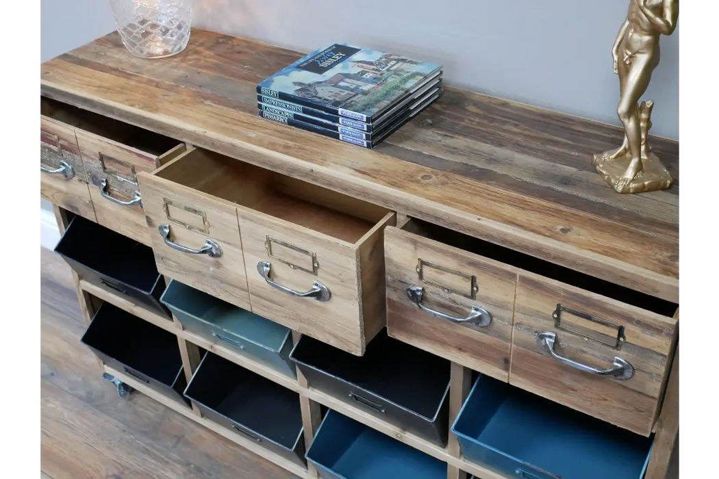 Rustic Sideboard, 3 Wooden Drawers, 8 Metal Storage