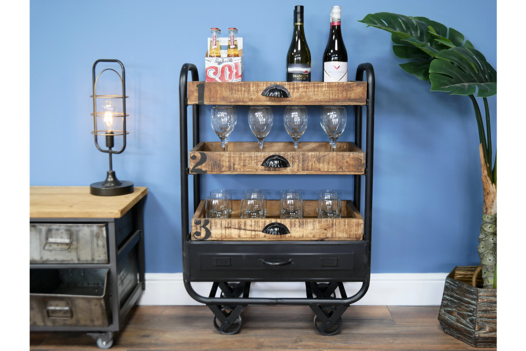 Industrial Trolley, Black Metal Frame, Wooden Shelf ( Due back in 30th of November)