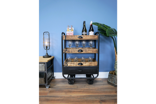 Industrial Trolley, Black Metal Frame, Wooden Shelf