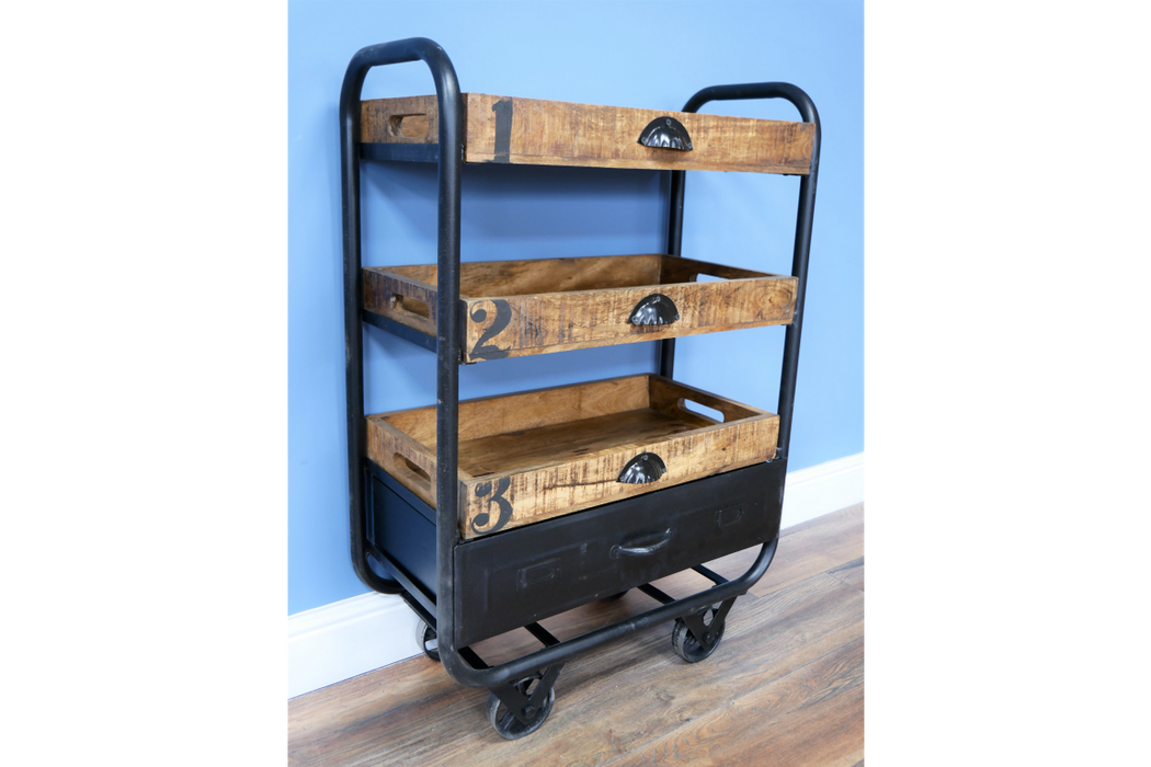 Industrial Trolley, Black Metal Frame, Wooden Shelf