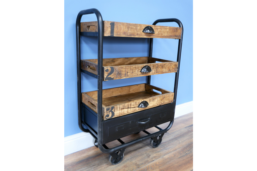 Industrial Trolley, Black Metal Frame, Wooden Shelf