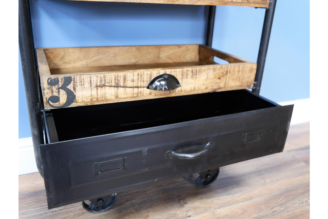 Industrial Trolley, Black Metal Frame, Wooden Shelf ( Due back in 30th of November)