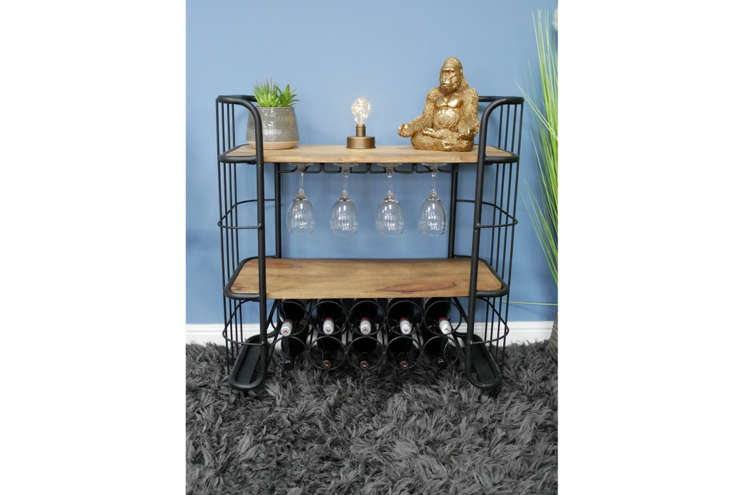 Talbot II Wine Trolley, Black Metal, Natural Wood