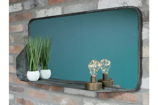 Industrial Bare Metal Wall Mirror – Rectangular Frame & Integrated Shelf  