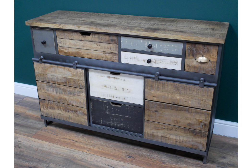 Industrial Wood & Metal Multi Drawer Cabinet With Sliding Doors