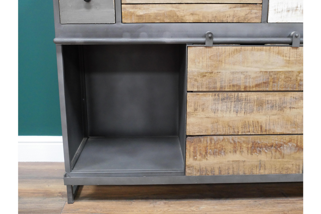 Industrial Wood & Metal Multi Drawer Cabinet With Sliding Doors