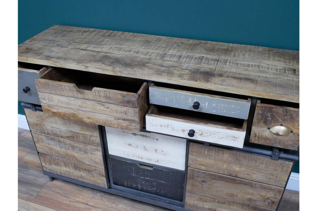 Industrial Wood & Metal Multi Drawer Cabinet With Sliding Doors