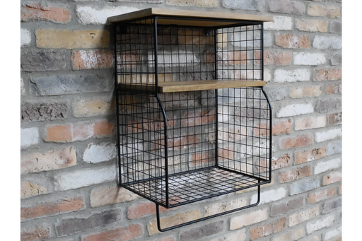 Industrial Wire Wall Shelf – Black Metal Frame with Mango Wood Top - 