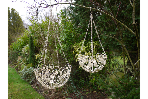 Outdoor Garden Planters, Silver Metal, Curved, Set of 2 Hanging Baskets