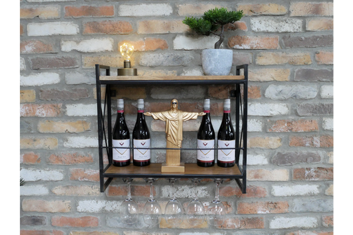 Rustic Wine Rack Wall Shelf – Black Metal Frame with Mango Wood - 