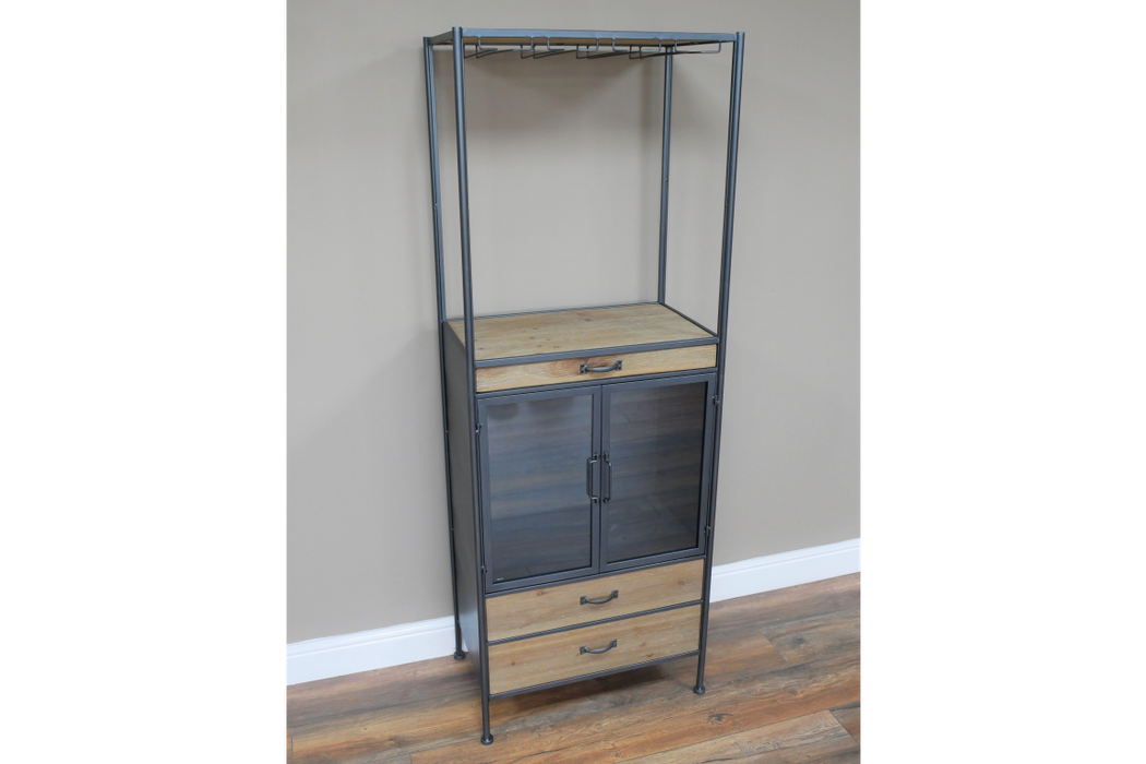 Rustic Wine Floor Cabinet, Black Metal, Wooden Drawer, Glass Door