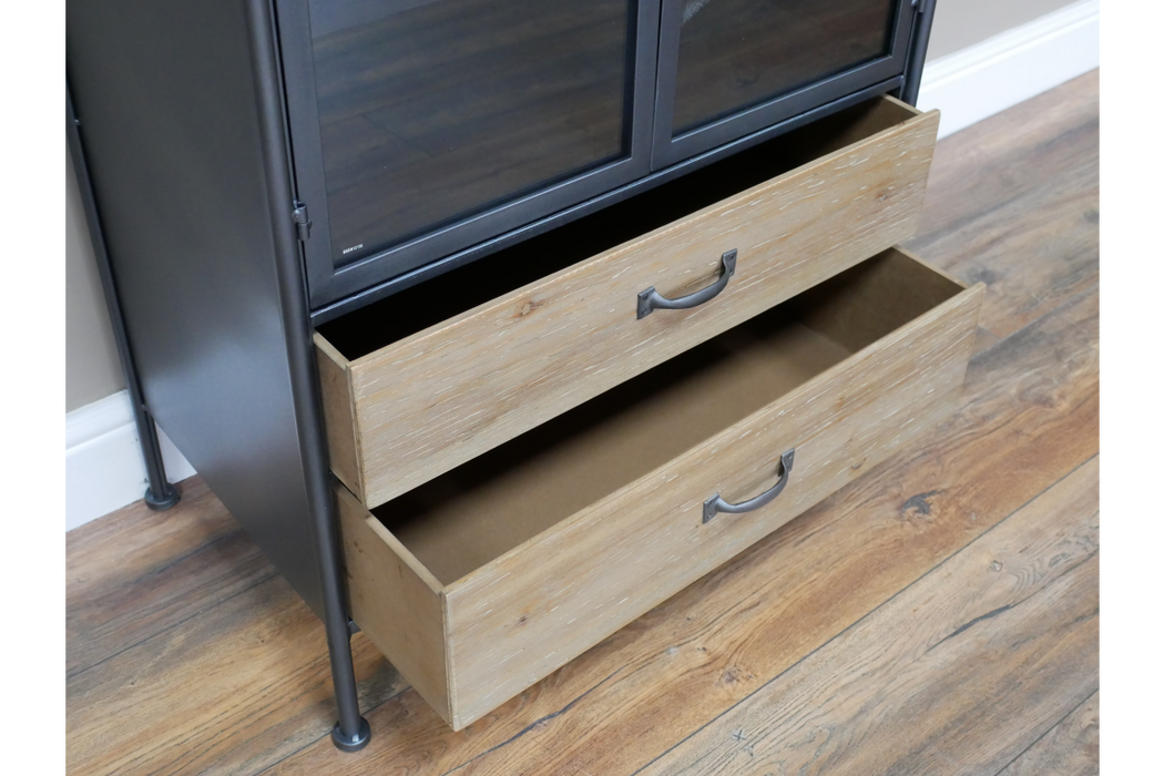 Rustic Wine Floor Cabinet, Black Metal, Wooden Drawer, Glass Door