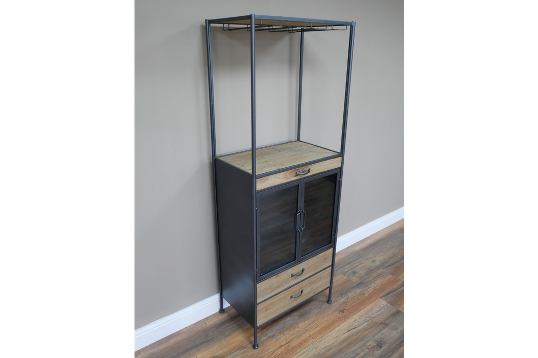 Rustic Wine Floor Cabinet, Black Metal, Wooden Drawer, Glass Door