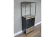 Rustic Wine Floor Cabinet, Black Metal, Wooden Drawer, Glass Door