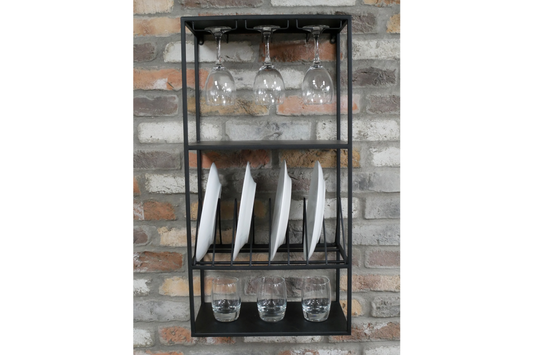 Glass & Plate Rack, Black Metal,  Wall Hanging