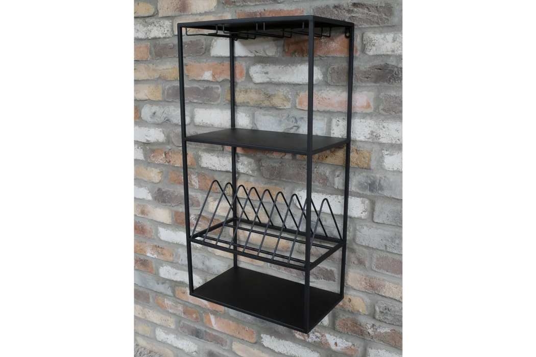 Glass & Plate Rack, Black Metal,  Wall Hanging