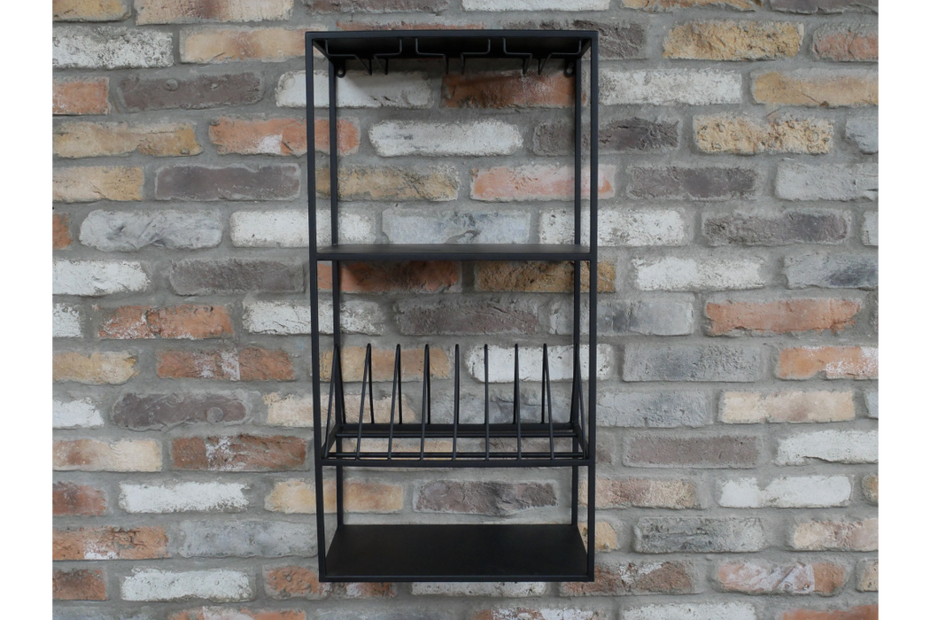 Glass & Plate Rack, Black Metal,  Wall Hanging