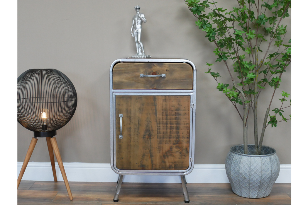 Silver & Wooden Industrial Bedside Cabinet