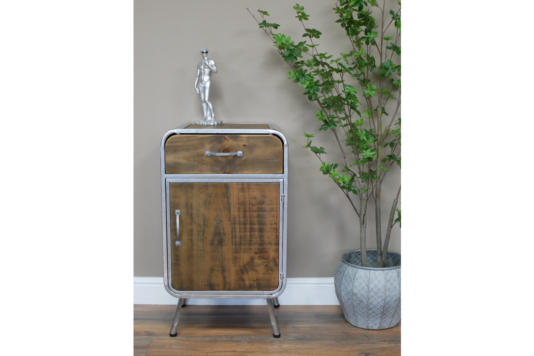 Silver & Wooden Industrial Bedside Cabinet