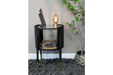 Side Table, Black Round Metal Frame, Natural Round Wooden Base, Glass Top 