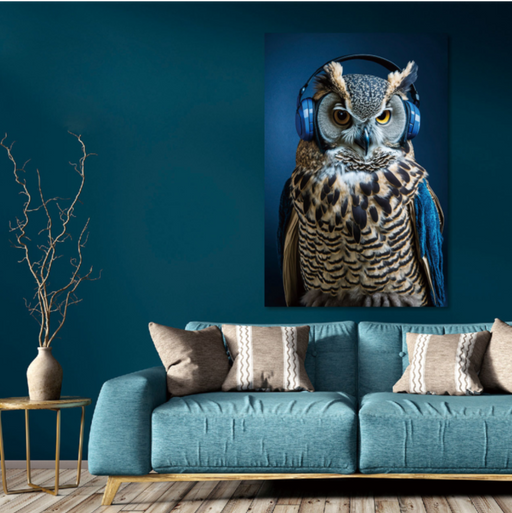 Modern Glass Animal Wall Art – Cool Owl Portrait with Headphones & High Quality Finish  