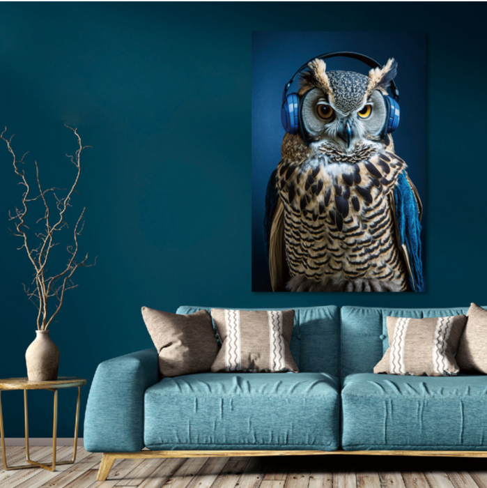 Animal Glass Wall Art 'Blues Owl Wearing Headphone'
