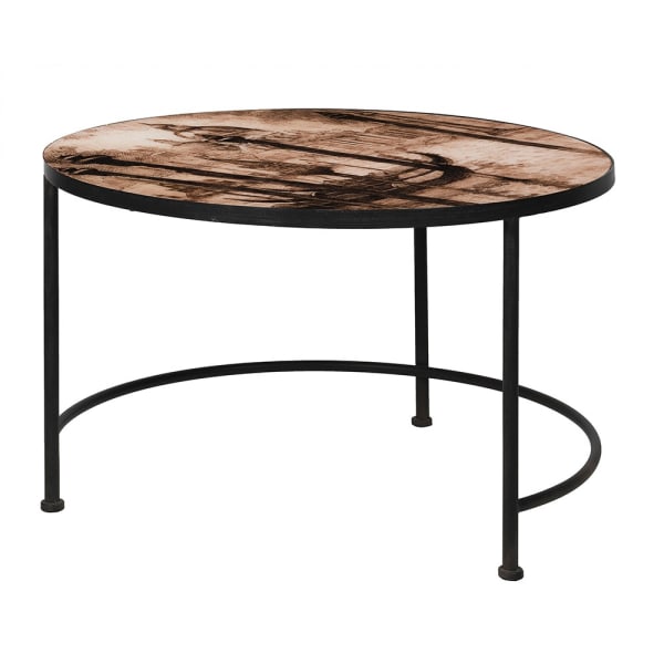 Black Metal Base L Venezia Round Table With Printed Glass Top