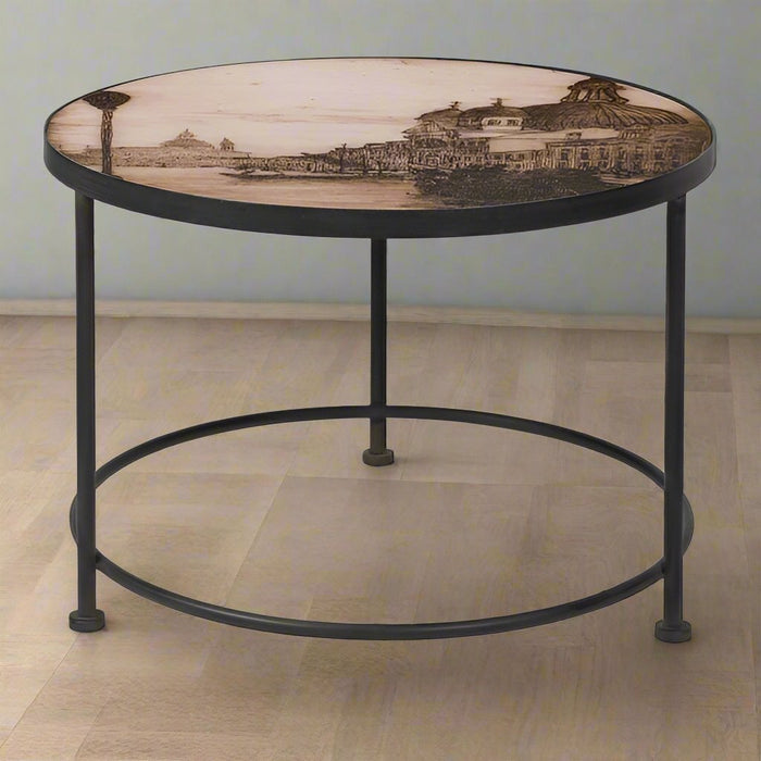 Black Metal Frame S Venezia Round Table With Printed Glass Top