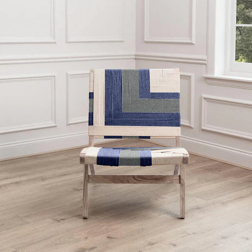 Bold Blue Wooden Accent Chair – Geometric Polyester Upholstery  