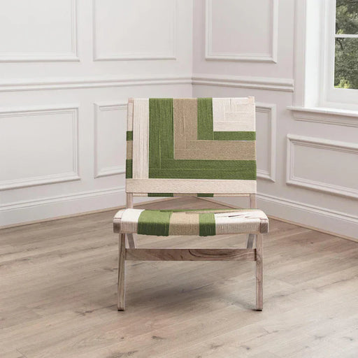 Chic Olive Wooden Accent Chair – Geometric Polyester Upholstery  