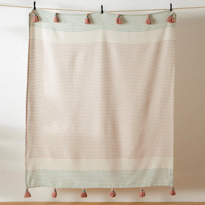 Banda Cream Tasselled Throw, Stripe, Mint, Pink