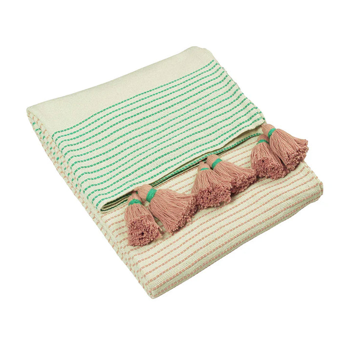 Banda Cream Tasselled Throw, Stripe, Mint, Pink