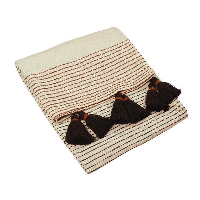 Banda Cream Tasselled Throw, Stripe, Pecan, Black