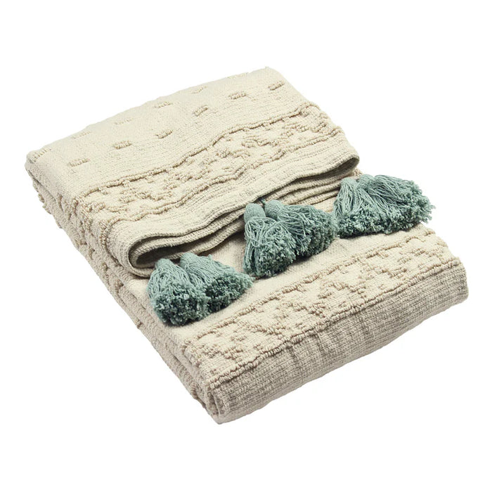 Boho Cotton Tufted Throw, Seafoam, Beige,