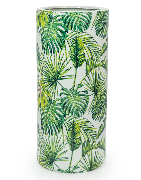 Umbrella Stand Holder Jar, Green, White, Ceramic, Tropical Leaf, 47 x 21 cm