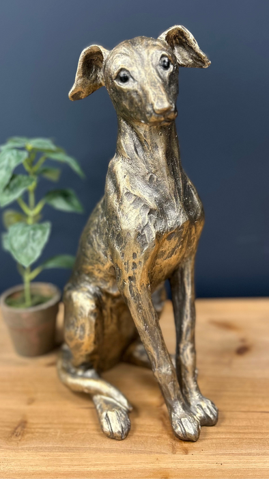 Gold Sitting Greyhound Dog Sculpture – Elegant Home Decor