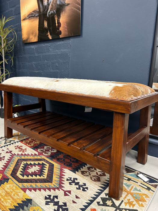 Metro Indoor Bench, Goat Hide Seat, Brown Wood Frame